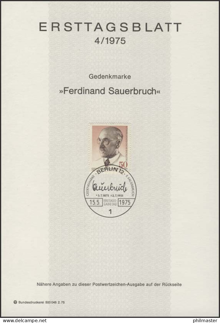ETB 04/1975 Prof. Ferdinand Sauerbruch, Chirurg - 1e Jour – FDC (feuillets)