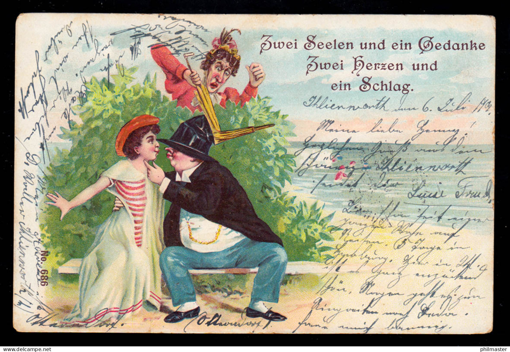 Karikatur-AK Zwei Herzen Und Ein Schlag! Der Untreue Ehemann Am Strand, 7.7.1902 - Humour