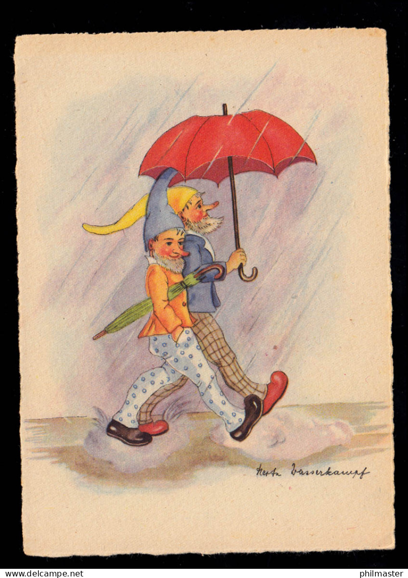 Karikatur-AK Herta Wasserkampf: Zwei Zwerge Unter Dem Regenschirm, Ungebraucht - Humor
