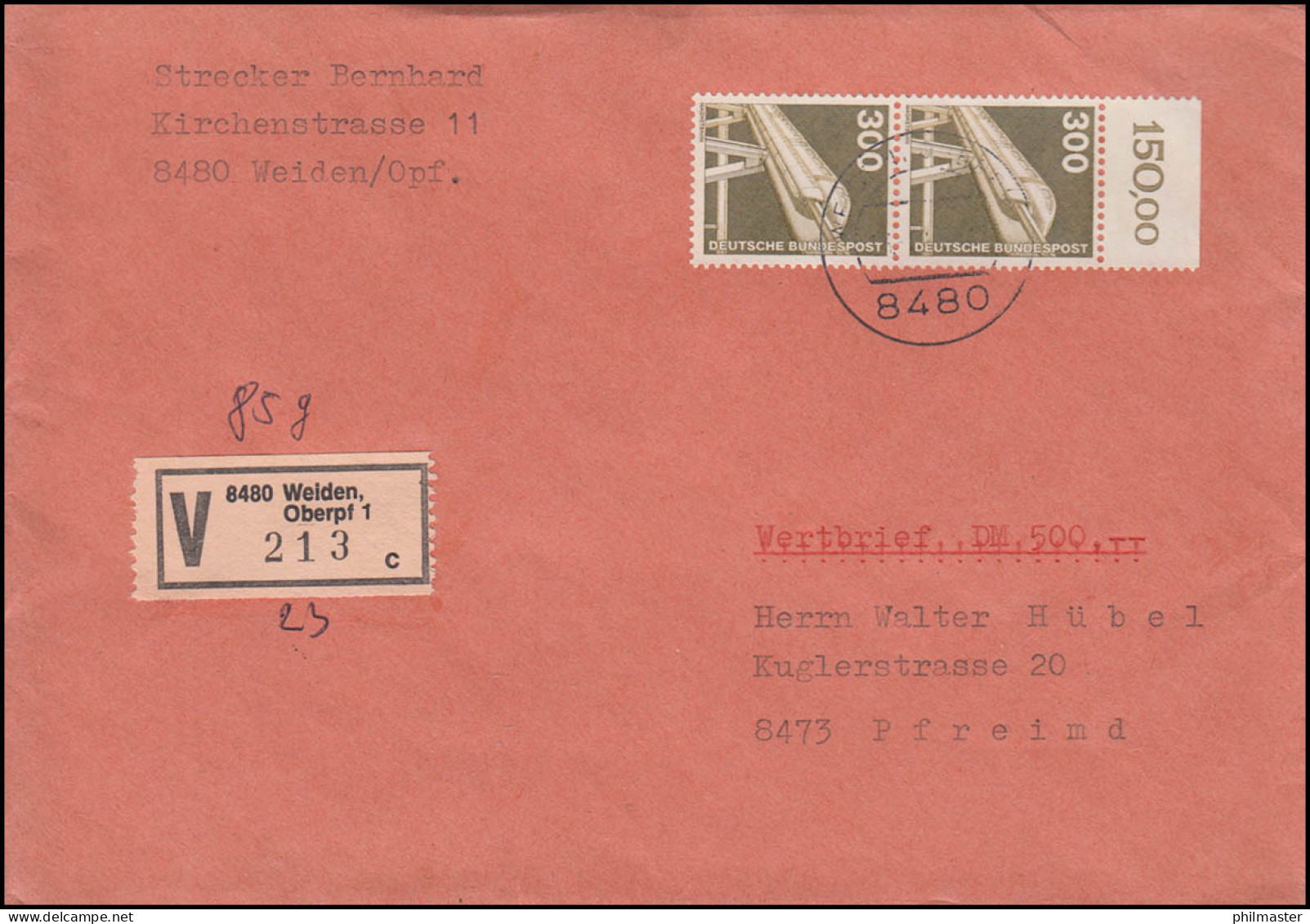 1138 IuT Magnetbahn Als Senkrechtes OR-Paar Auf Wert-Brief WEIDEN 13.8.1985  - Autres & Non Classés