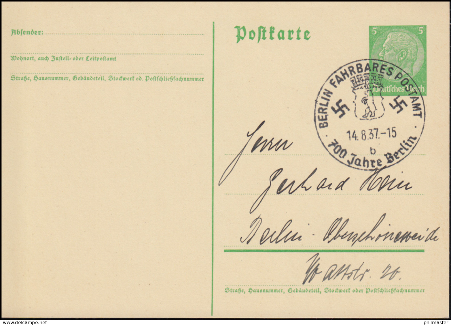 Ganzsache Mit SSt BERLIN FAHRBARES POSTAMT B 700 Jahre Berlin 14.8.1937 - Covers & Documents