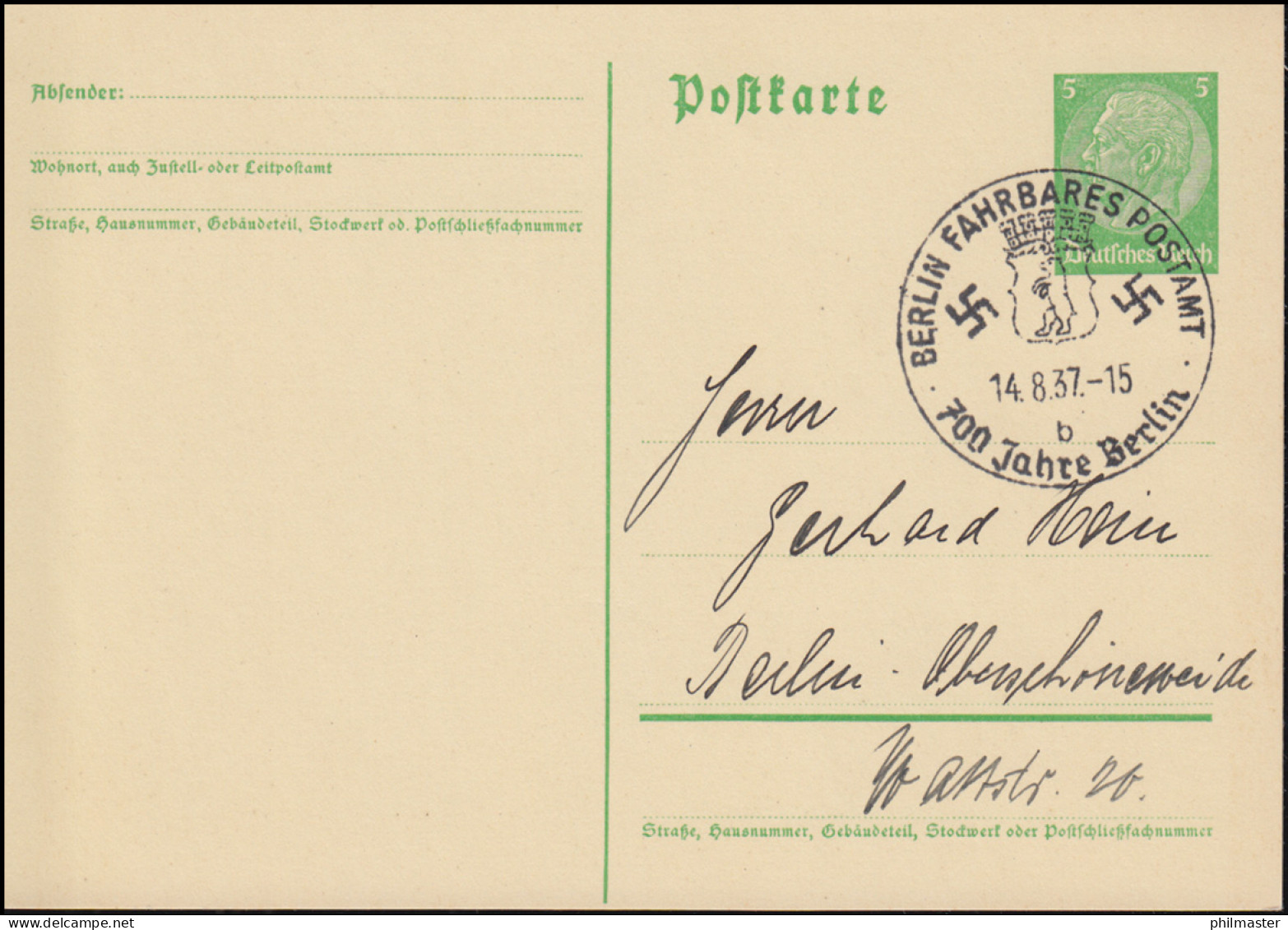 Ganzsache Mit SSt BERLIN FAHRBARES POSTAMT B 700 Jahre Berlin 14.8.1937 - Lettres & Documents