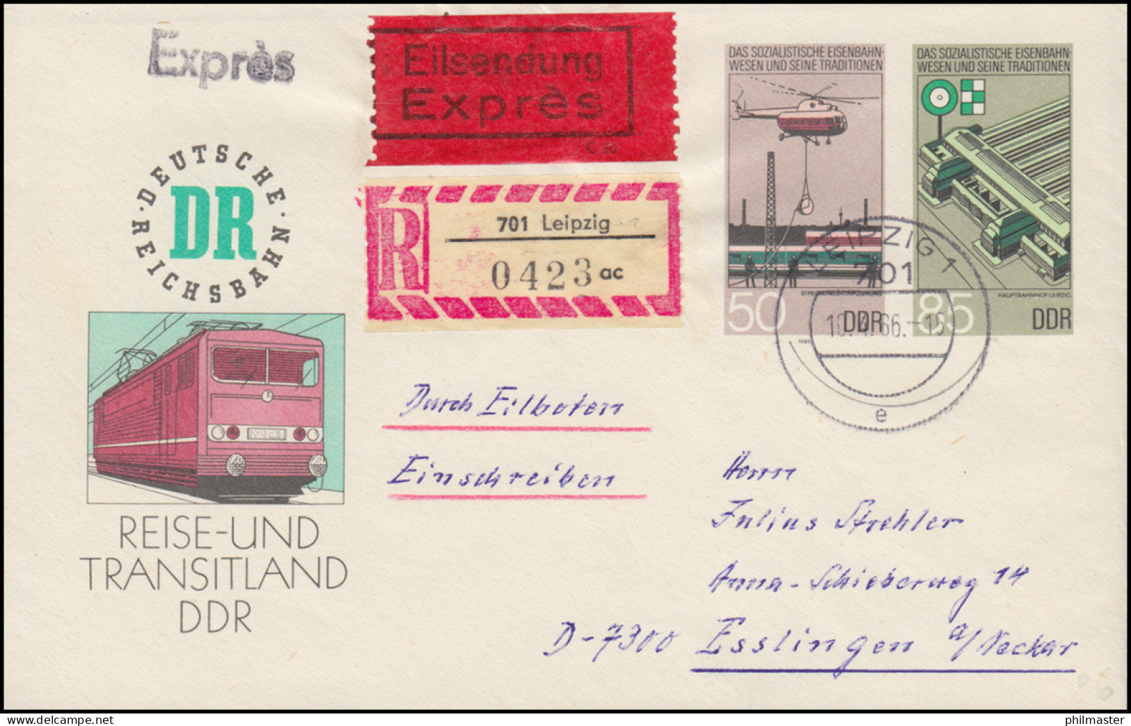 DDR U 3 Sozialistisches Eisenbahnwesen Eil-R-Brief LEIPZIG 10.5.86 N. ESSLINGEN - Otros & Sin Clasificación