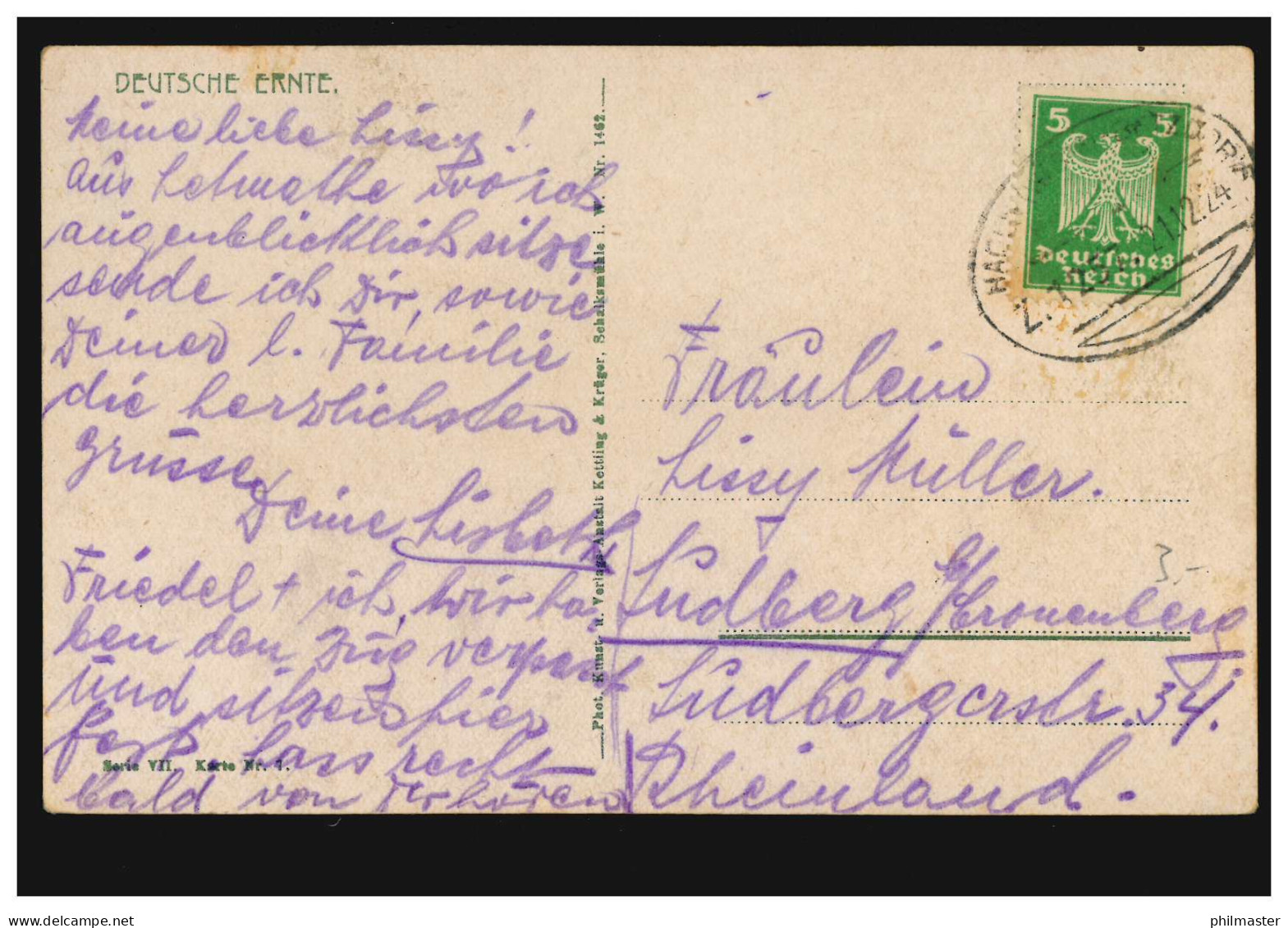 Bahnpost HAGEN-BETZDORF ZUG 1257 - 21.12.1914 Auf AK Deutsche Ernte  - Altri & Non Classificati
