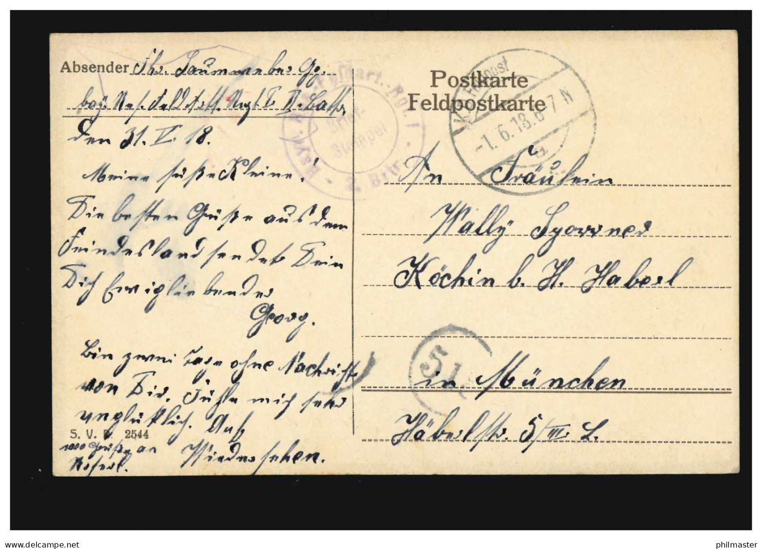 Feldpost BS Bayer. Res.-Fussartillerie-Regiment 1 Auf Passender AK, 1.6.1918  - Bezetting 1914-18