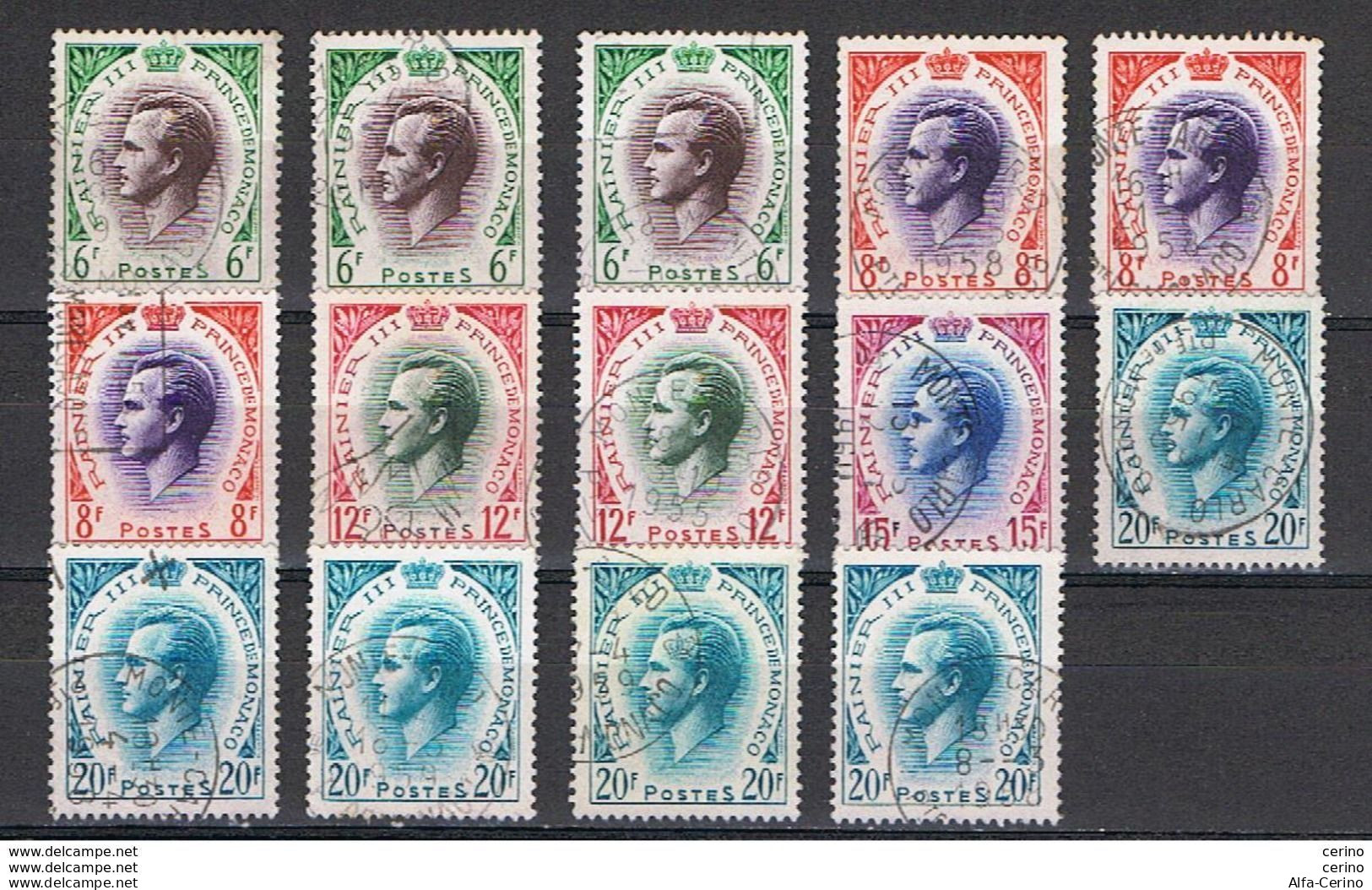 MONACO:  1955/57  RANIERI  III°  -  INSIEME  14  VAL. RIPETUTI  US.  -  YV/TELL. 421/425 A - Used Stamps