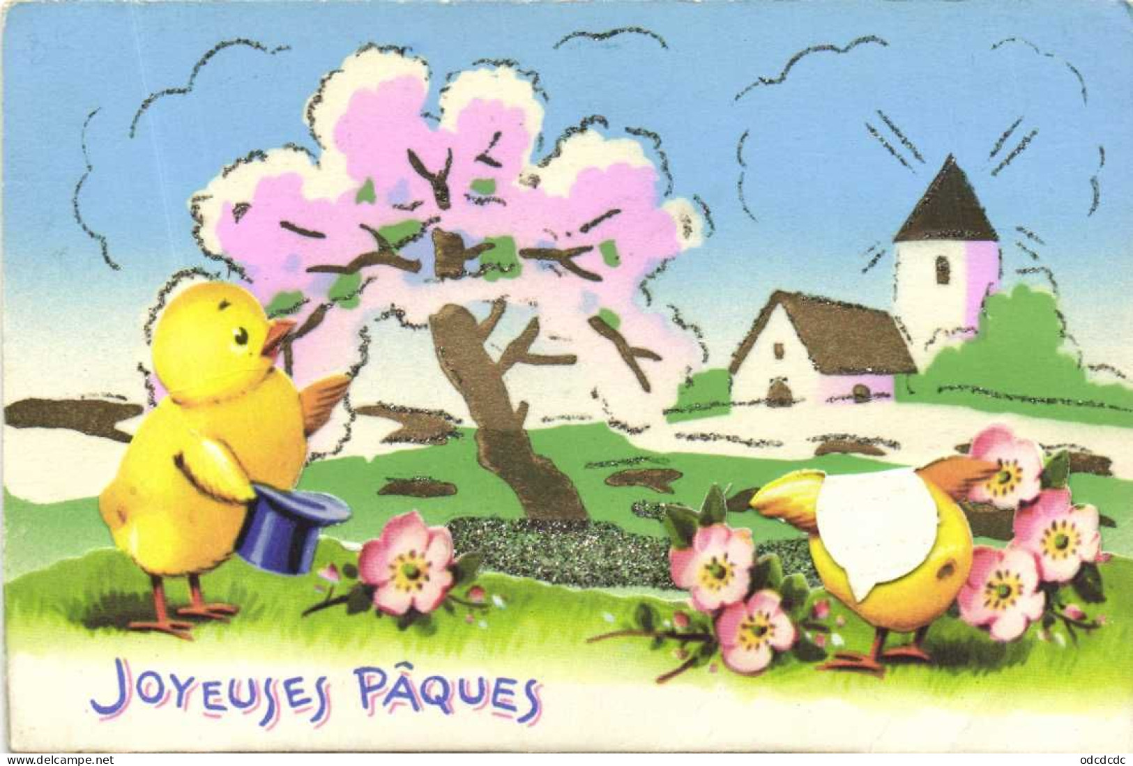 Carte à Système Joyeuses Paques Poussins Arbre En Fleur Eglise RV - Easter