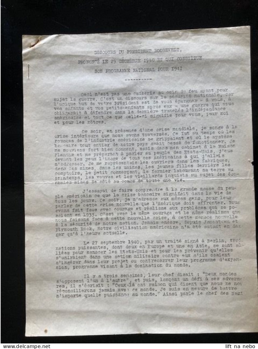 Tract Presse Clandestine Résistance Belge WWII WW2 'Discours Du Président Roosvelt, Prononce Le 29.12.1940...' 10 Pages - Documents