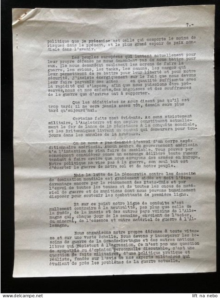 Tract Presse Clandestine Résistance Belge WWII WW2 'Discours du président Roosvelt, prononce le 29.12.1940...' 10 pages