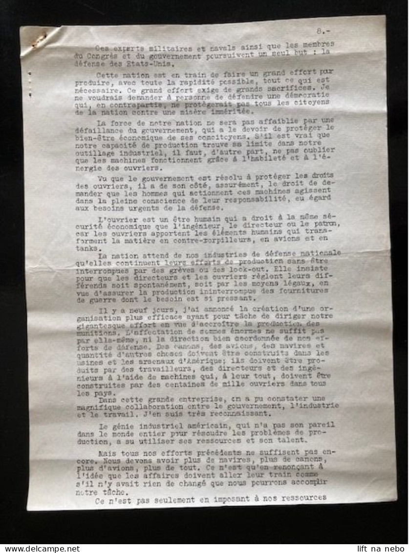 Tract Presse Clandestine Résistance Belge WWII WW2 'Discours du président Roosvelt, prononce le 29.12.1940...' 10 pages