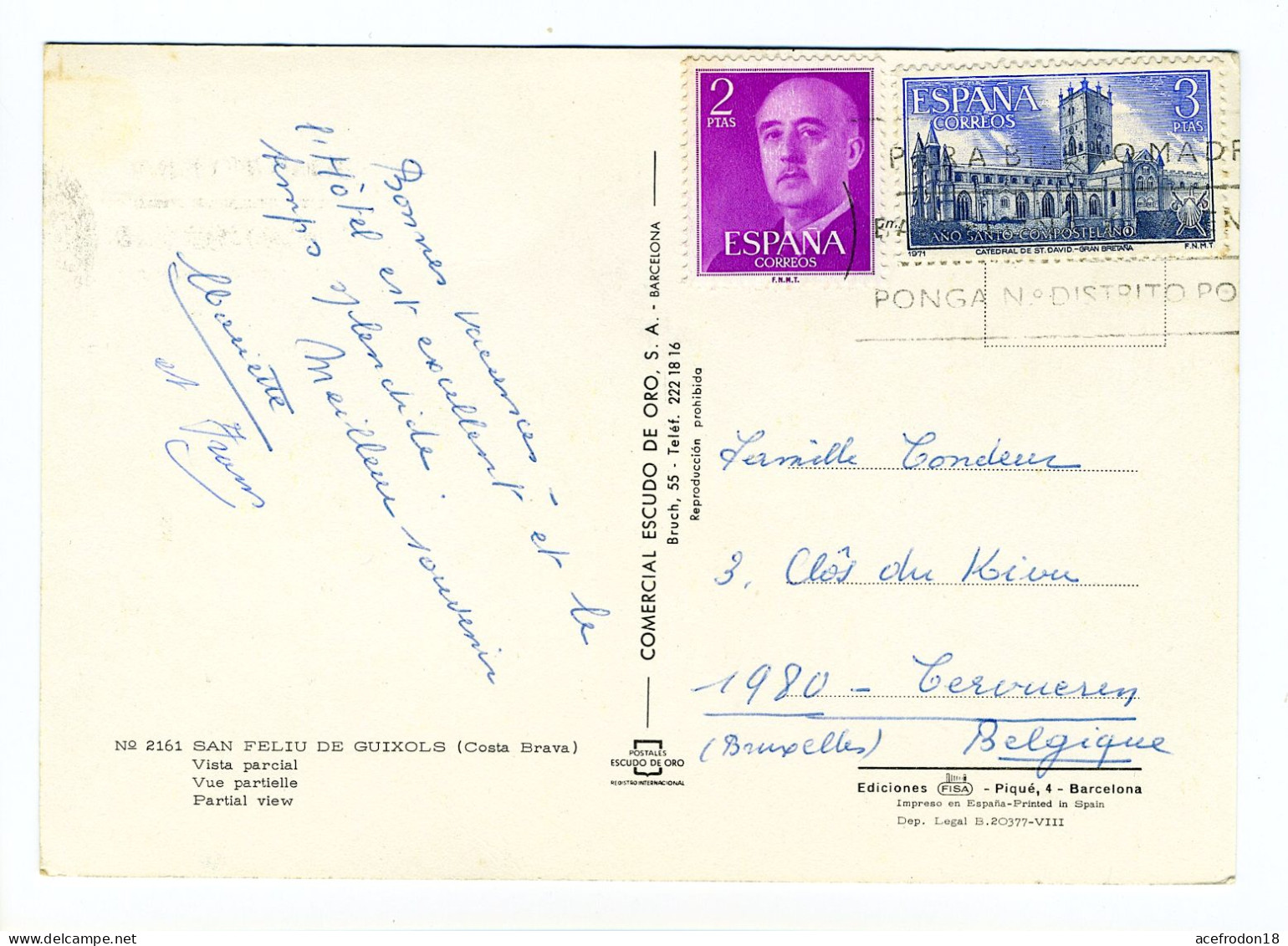 CP De Costa Brava Pour Belgique - TB 3 PTAS Ano Santo Compostelano 1971 - Used Stamps