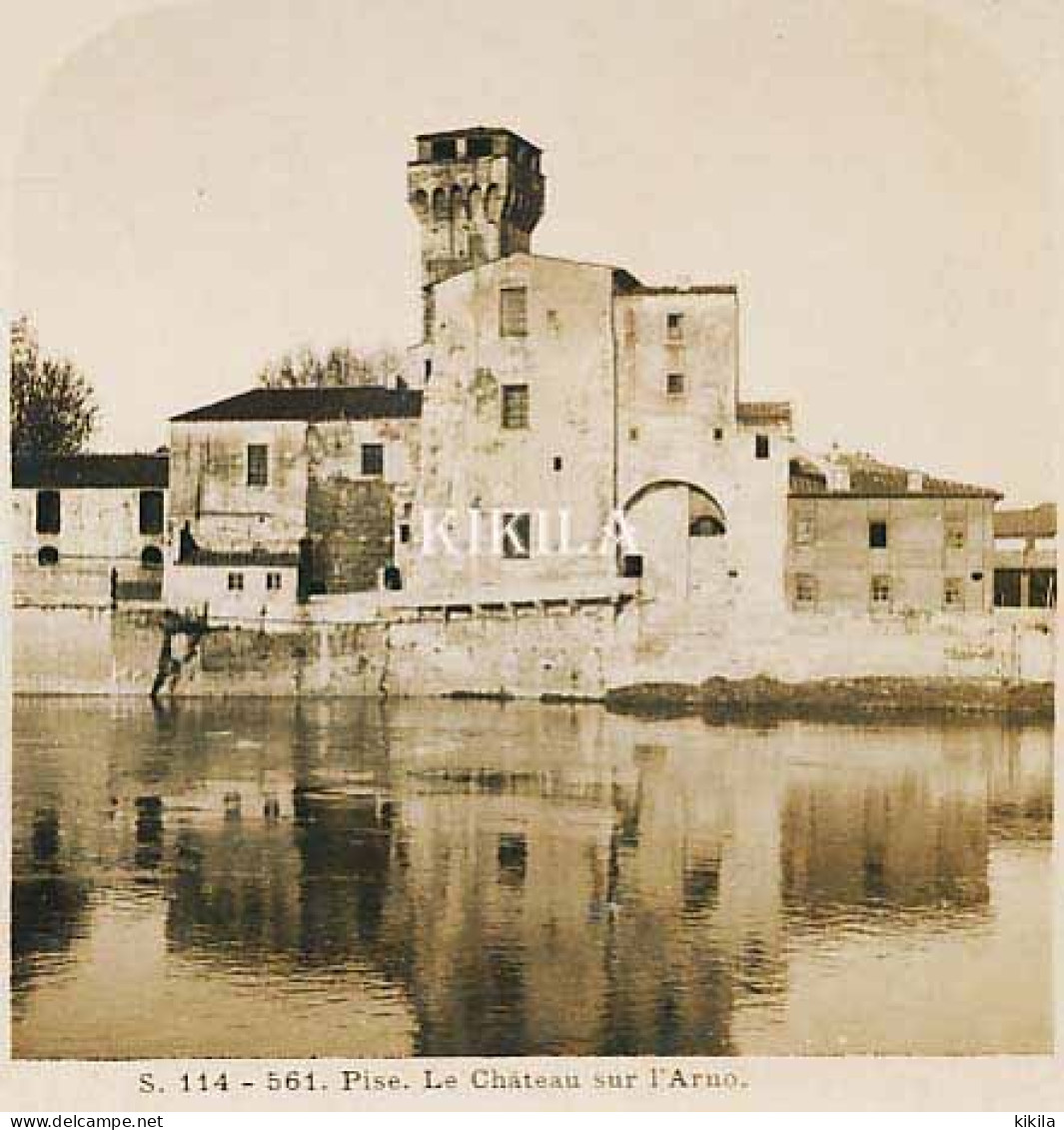 Photo Stéréoscopique 7,2x7,5cm Carte 17,2x8,9cm Vues D'Italie S. 114 - 561 PISE. Le Château Sur L'Arno* - Fotos Estereoscópicas