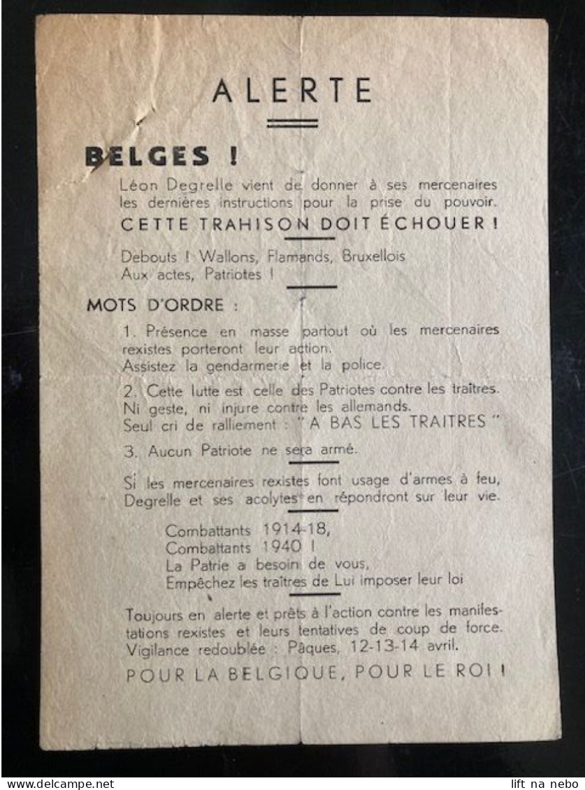 Tract Presse Clandestine Résistance Belge WWII WW2 'ALERTE' (BELGES! Léon Degrelle Vient De Donner à Ses Mercenaires...) - Documentos