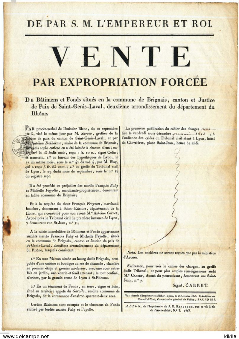 Affiche Vente Par Expropriation Forcée De Bâtiments Et Fonds BRIGNAIS Rhône Saisie 3 Décembre 1813 Scan Recto-verso - Plakate