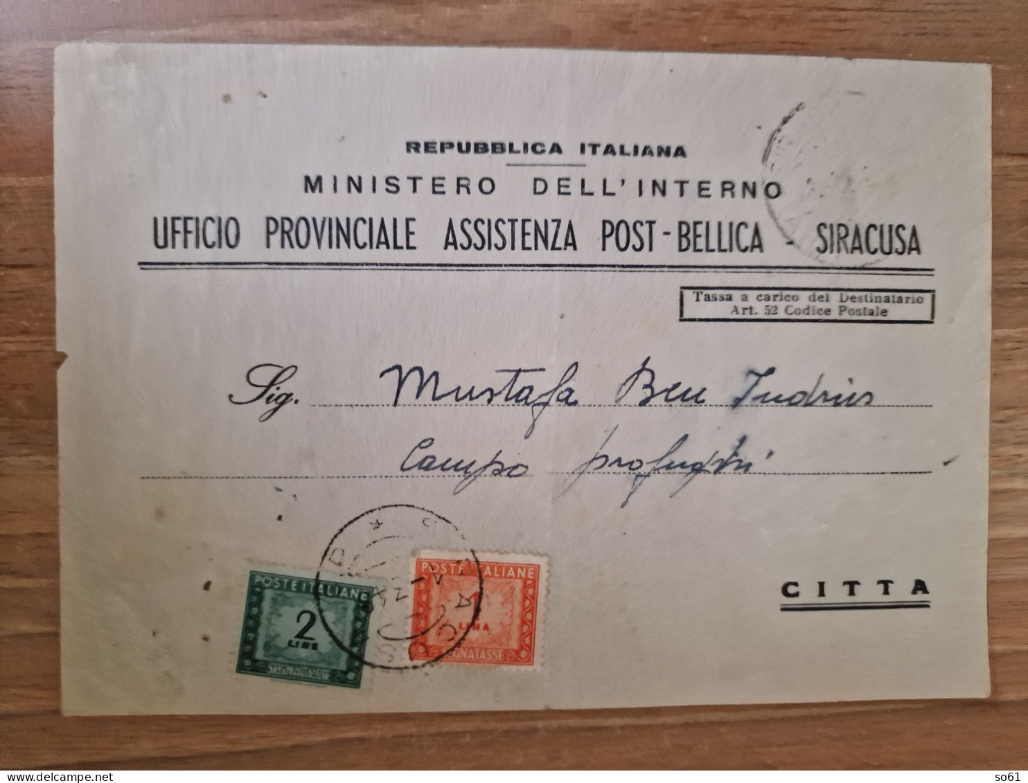 18890 A Eb.  Ufficio Provinciale Assistenza Post - Bellica Con Segnatasse 1 E 2 Lire - Siracusa 1948- 16x11 - Documents Historiques