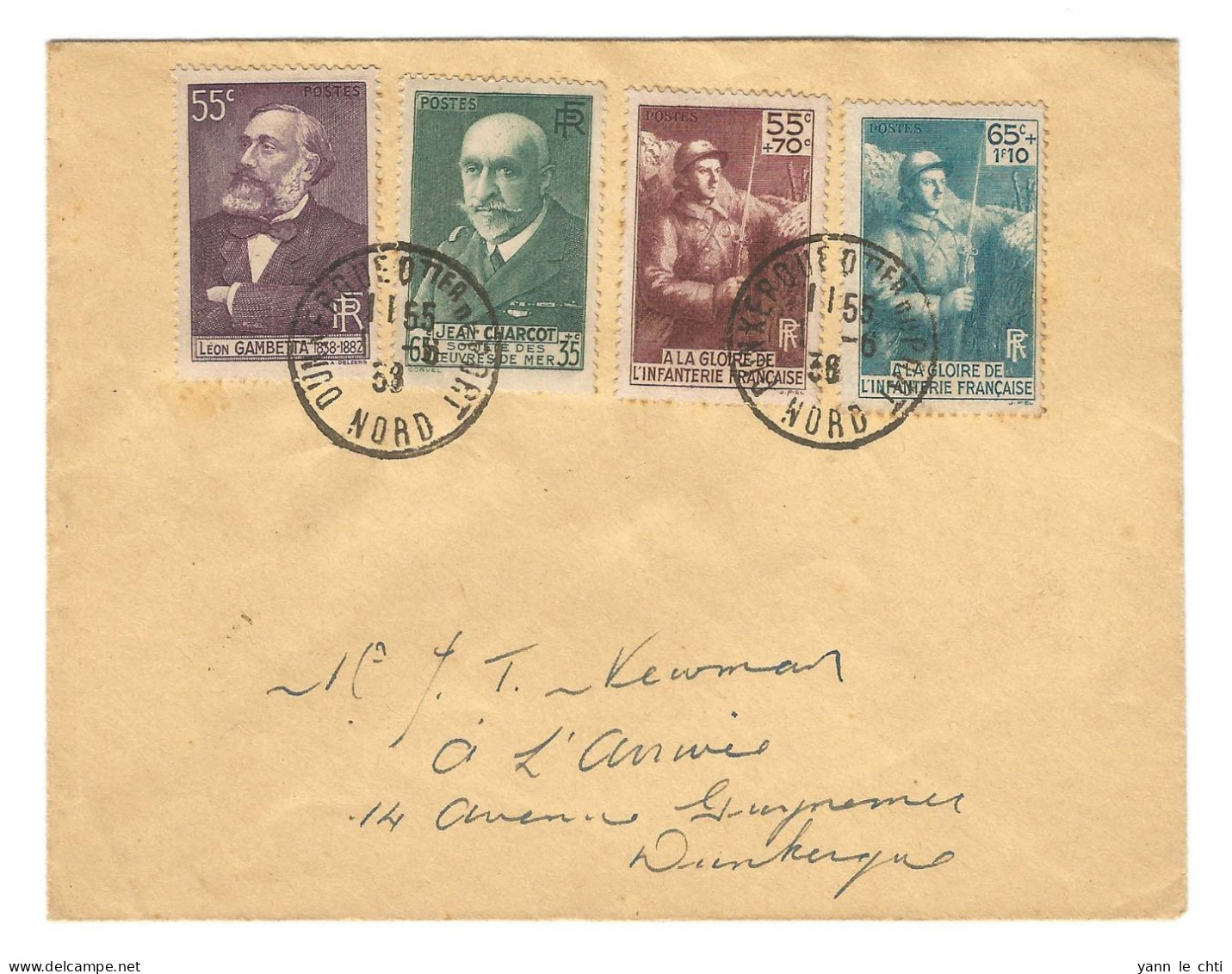 Enveloppe 01 06 1938 Timbres Charcot  Gambetta   Infanterie  Francaise  CAD Dunkerque Quartier Du Port Nord 59 - Cartas & Documentos