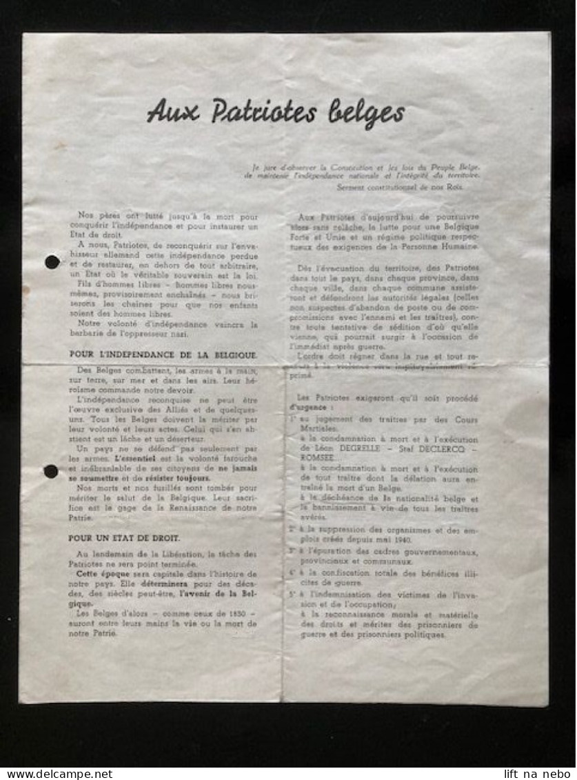 Tract Presse Clandestine Résistance Belge WWII WW2 'Aux Patriotes Belges' (Nos Pères Ont Lutté Jusqu'à La Mort Pour...) - Documentos