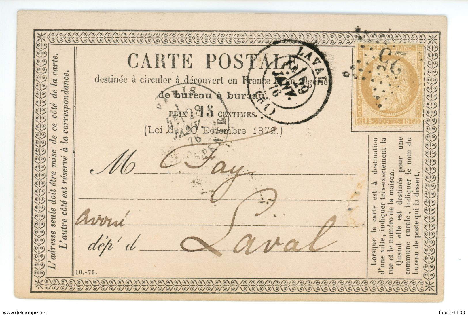 CARTE PRECURSEUR Année 1876 Avoué FAY De LAVAL 53 Mayenne - 1849-1876: Klassik