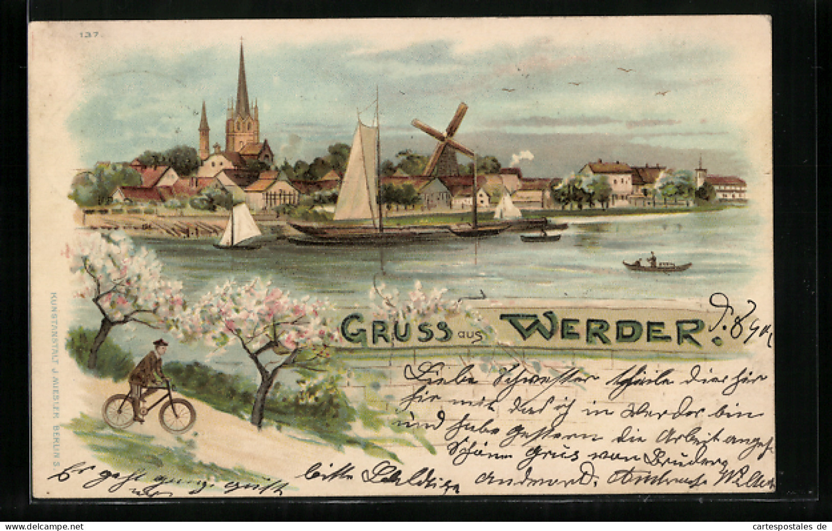 Lithographie Werder, Panorama Mit Mühle Und Kirche, Radfahrer Im Frühling  - Werder