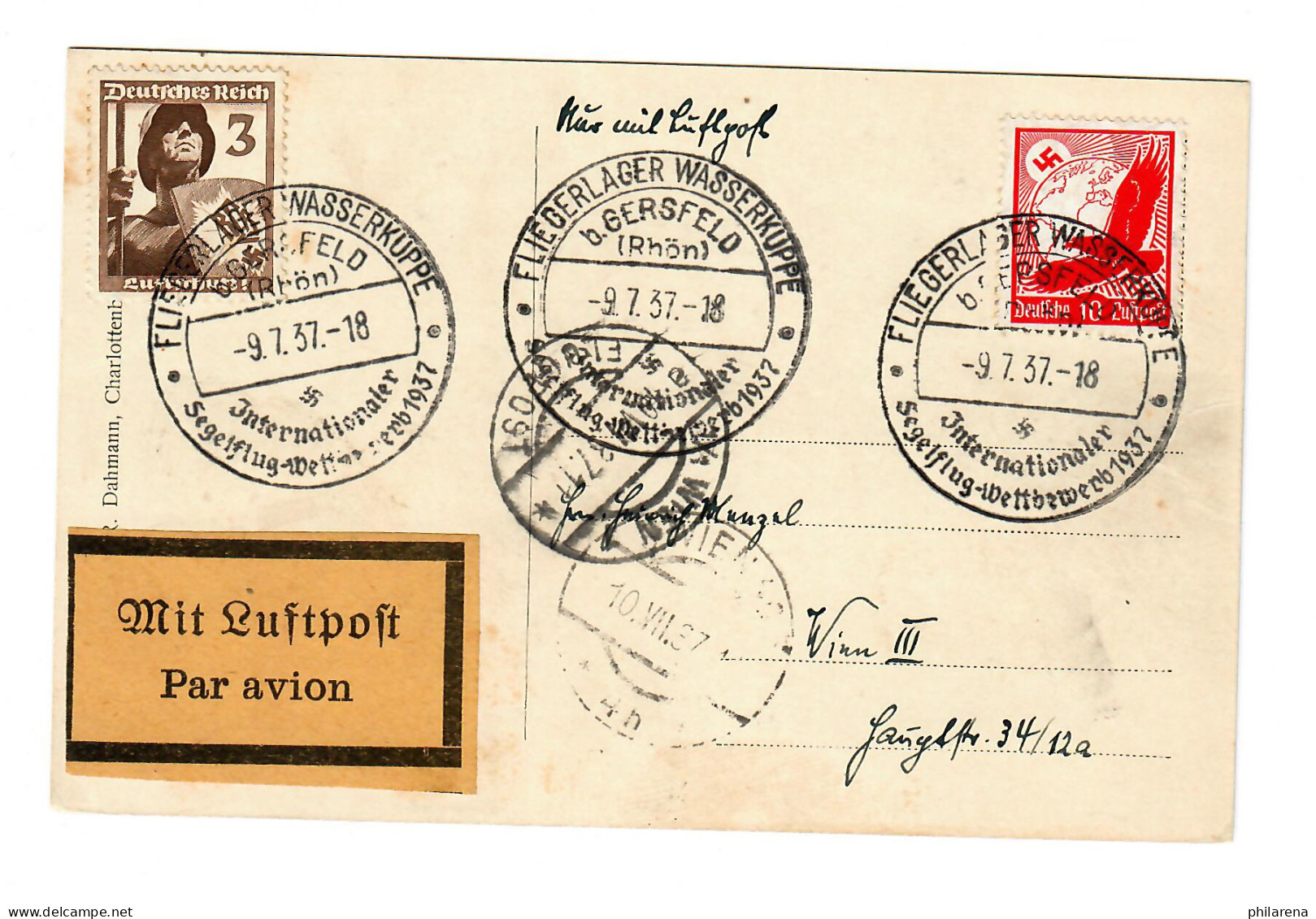 Fliegerlager Wasserkupppe B. Gersfeld/Rhön, Segelflug Wettbewerb 1937, Luftpost - Lettres & Documents