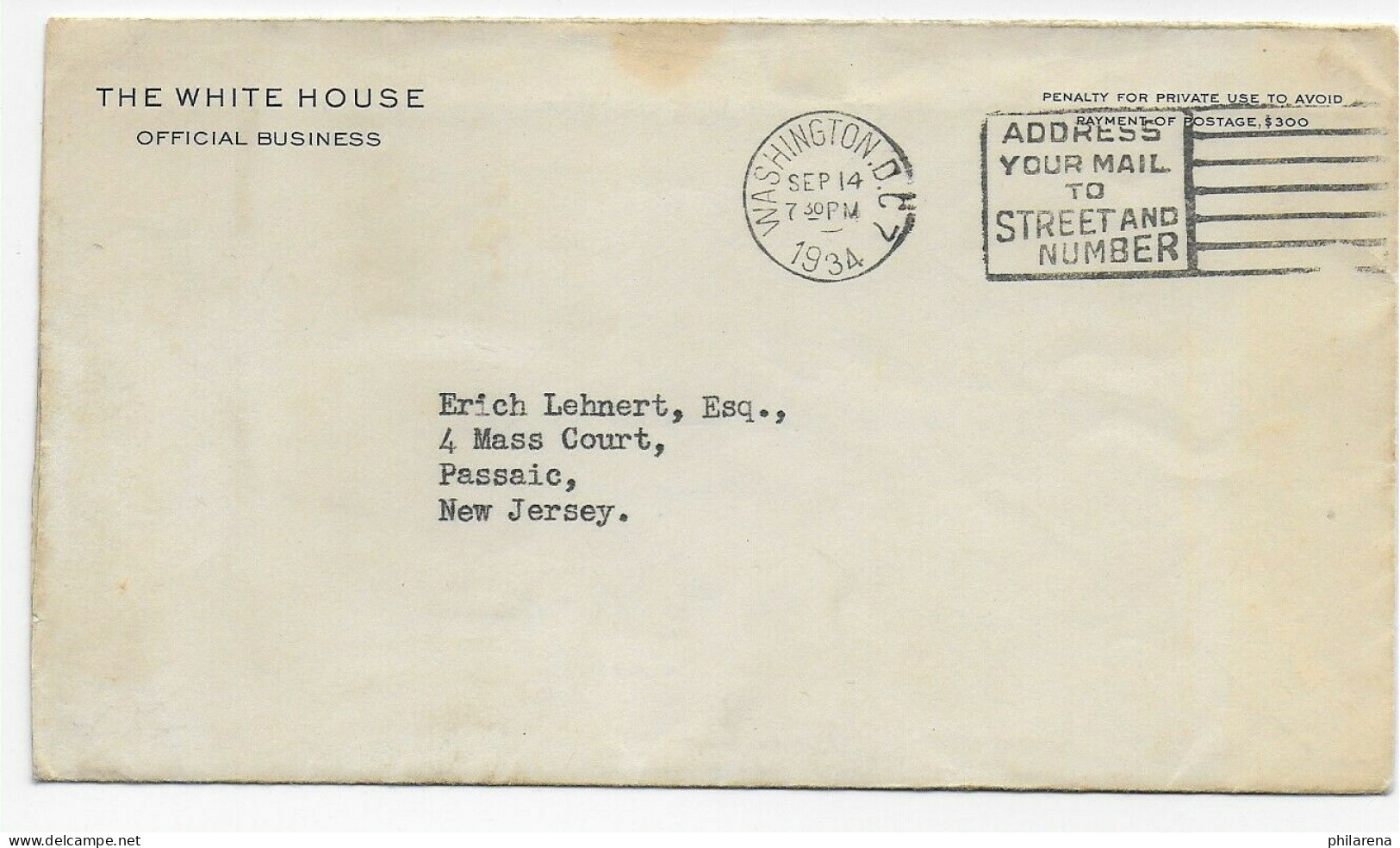 Washington: White House 1934 To Passaic/New Jersey, Private Secretary - Other & Unclassified