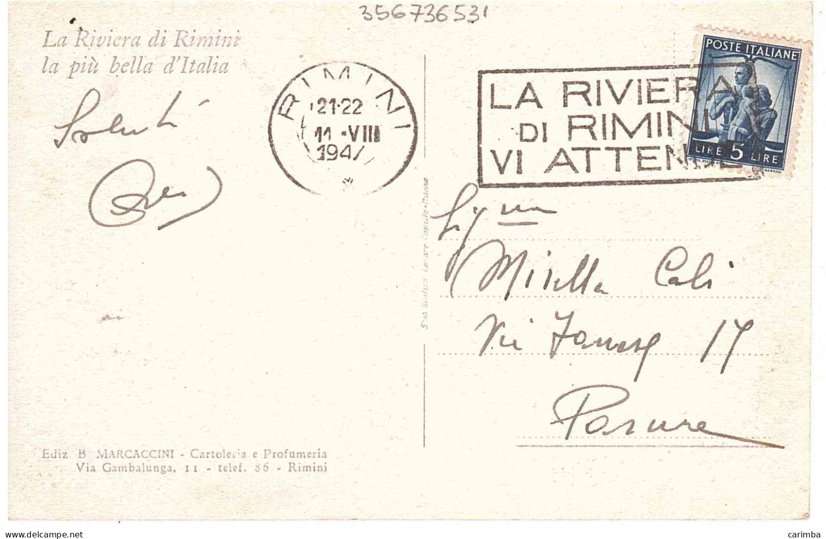 CARTOLINA RIMINI ANNULLO TARGHETTA RIVIERA DI RIMINI - 1946-60: Storia Postale