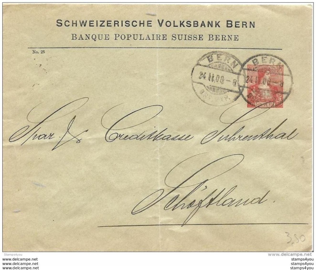 88 -15 - Entier Postal Privé "Banque Populaire Suisse Bern 1908" - Stamped Stationery