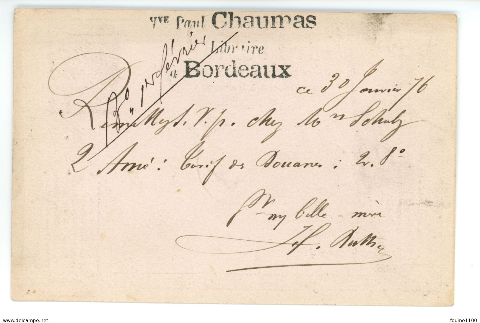 CARTE PRECURSEUR Envoyé à GUILLAUMIN 14 Rue Richelieu à Paris De La Part De PAUL CHAUMAS Libraire à BORDEAUX 33 - 1849-1876: Klassik