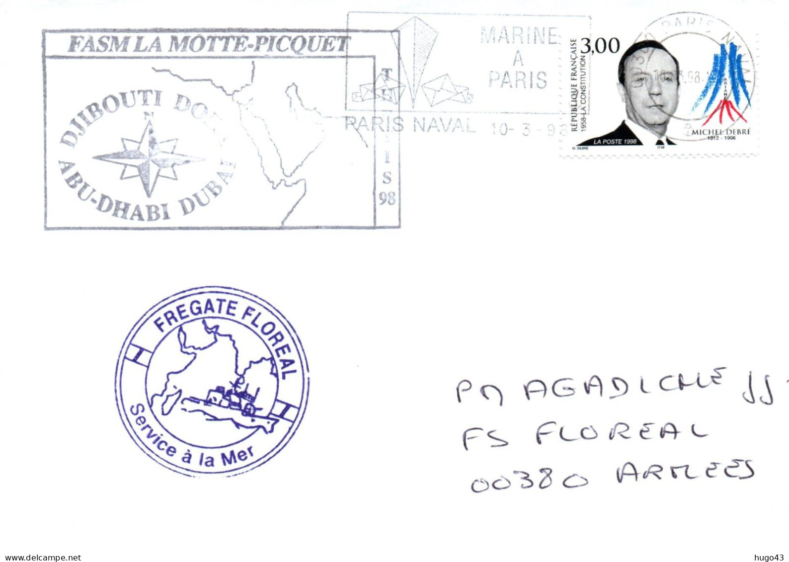 ENVELOPPE AVEC CACHET FREGATE FASM LA MOTTE PICQUET / FLOREAL - DJIBOUTI DOHA ABU-DHABI DUBAI YHETIS 98 - 10/3/98 - Correo Naval