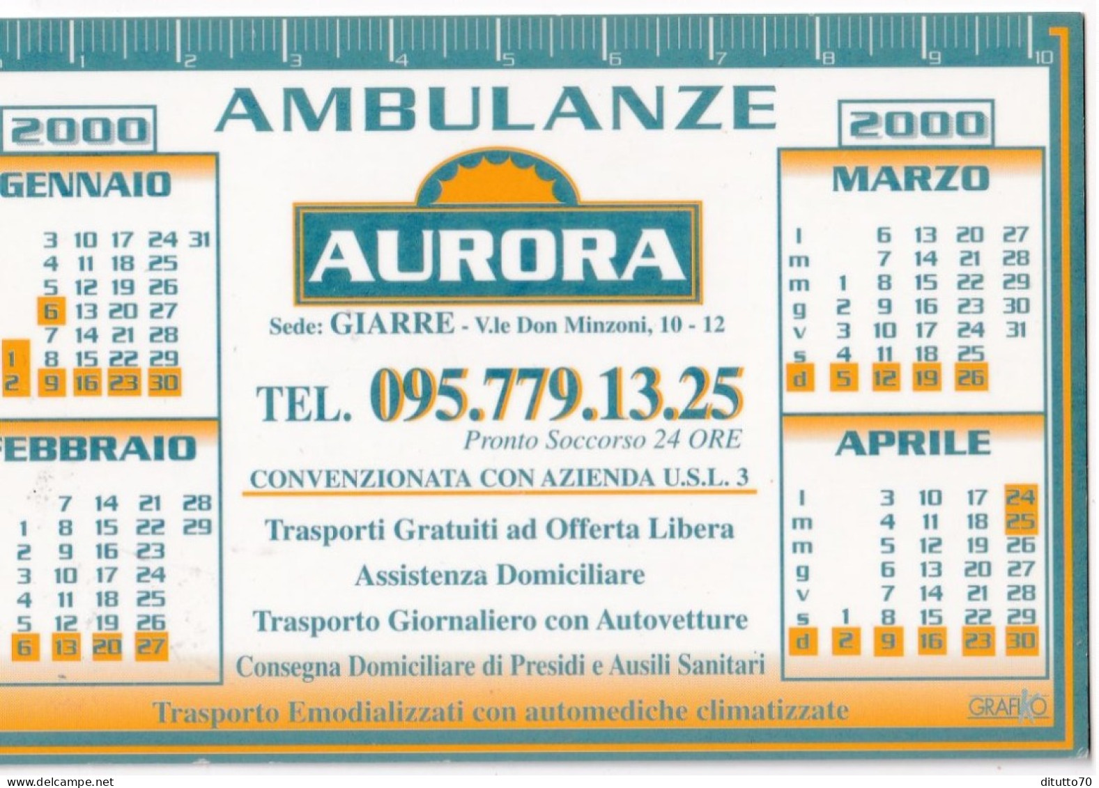 Calendarietto - Ambulanze - Aurorea - Giarre - Anno 2000 - Formato Piccolo : 1991-00