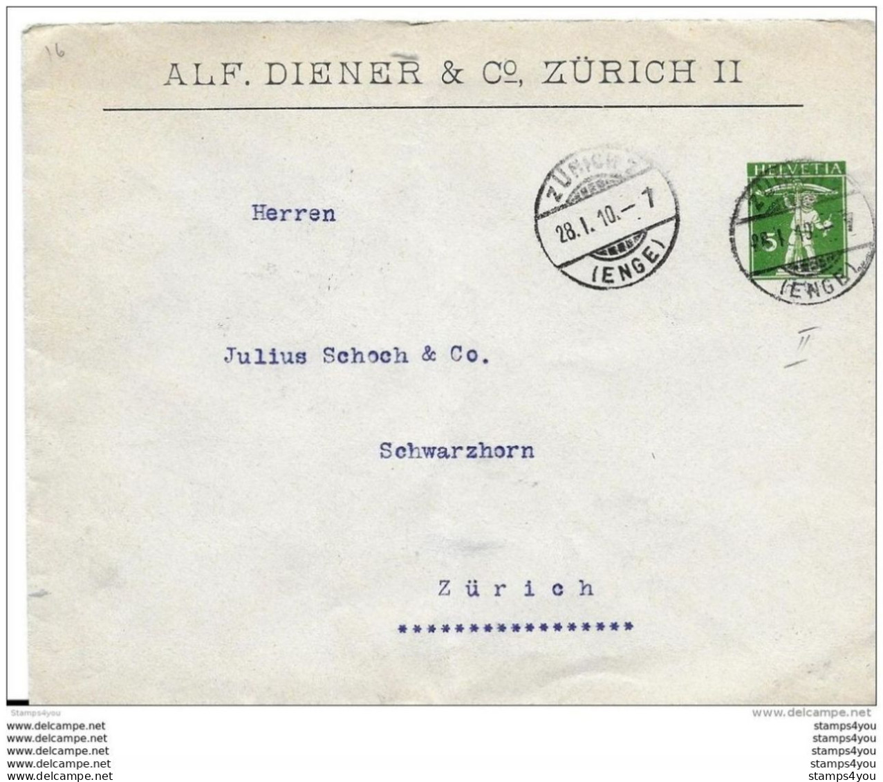 86 - 72 - Entier Postal Privé "Alf. Diener &amp; Co Zürich" 1910 - Enteros Postales