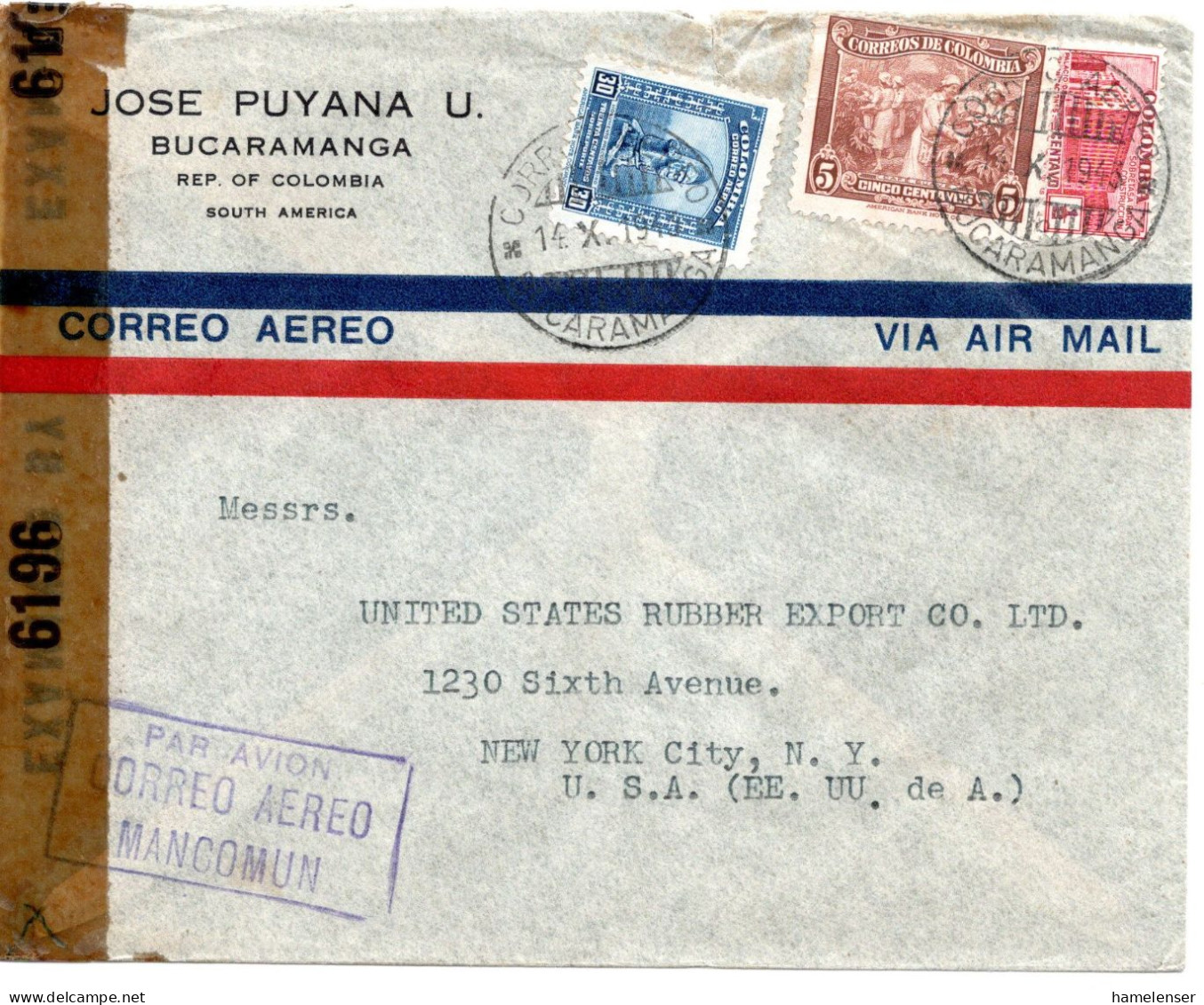 77878 - Kolumbien - 1943 - 30c Luftpost MiF A LpBf M US-Zensur BUCAMARANGA -> New York, NY (USA) - Colombia