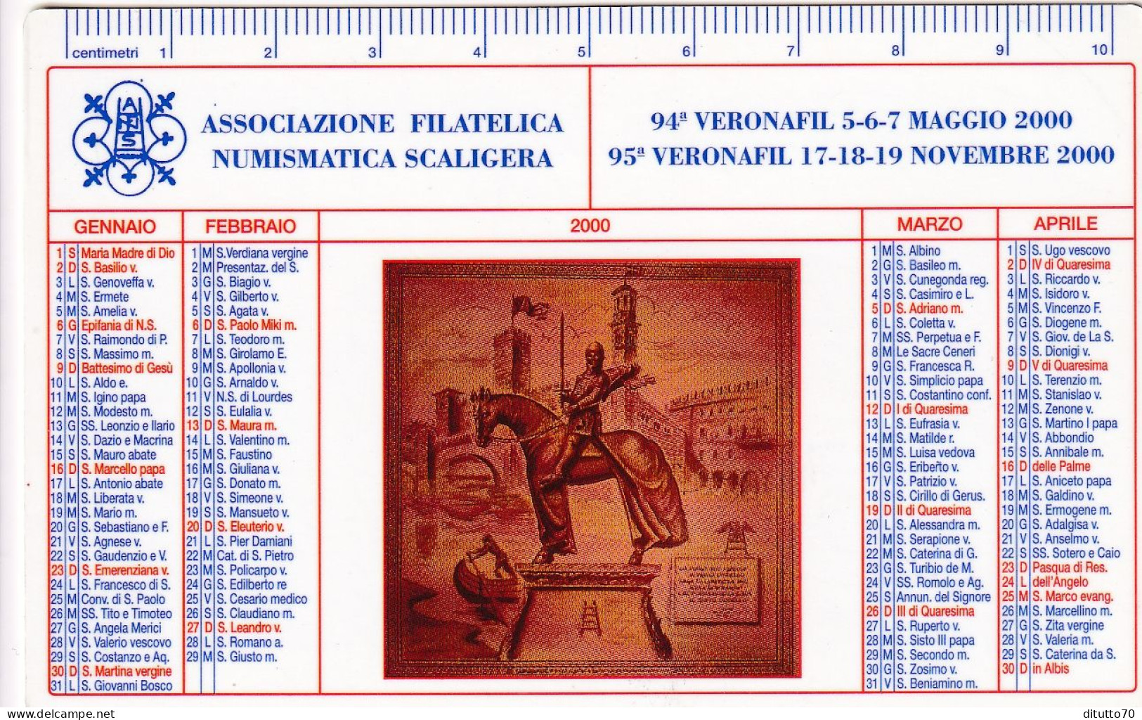 Calendarietto - Associazione Filatelica Numismatica Scaligera - Verona - Anno 2000 - Tamaño Pequeño : 1991-00