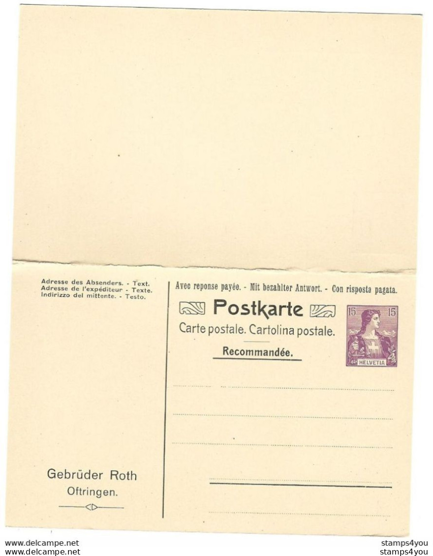 292 - 26 -  Entier Postal Privé Double Neuf 15 Et 10 Cts  Gebrüder Roth - Entiers Postaux