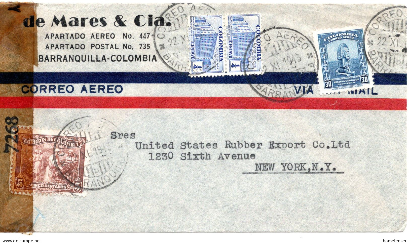 77880 - Kolumbien - 1943 - 30c Luftpost MiF A LpBf M US-Zensur BARRANQUILLA -> New York, NY (USA) - Colombia