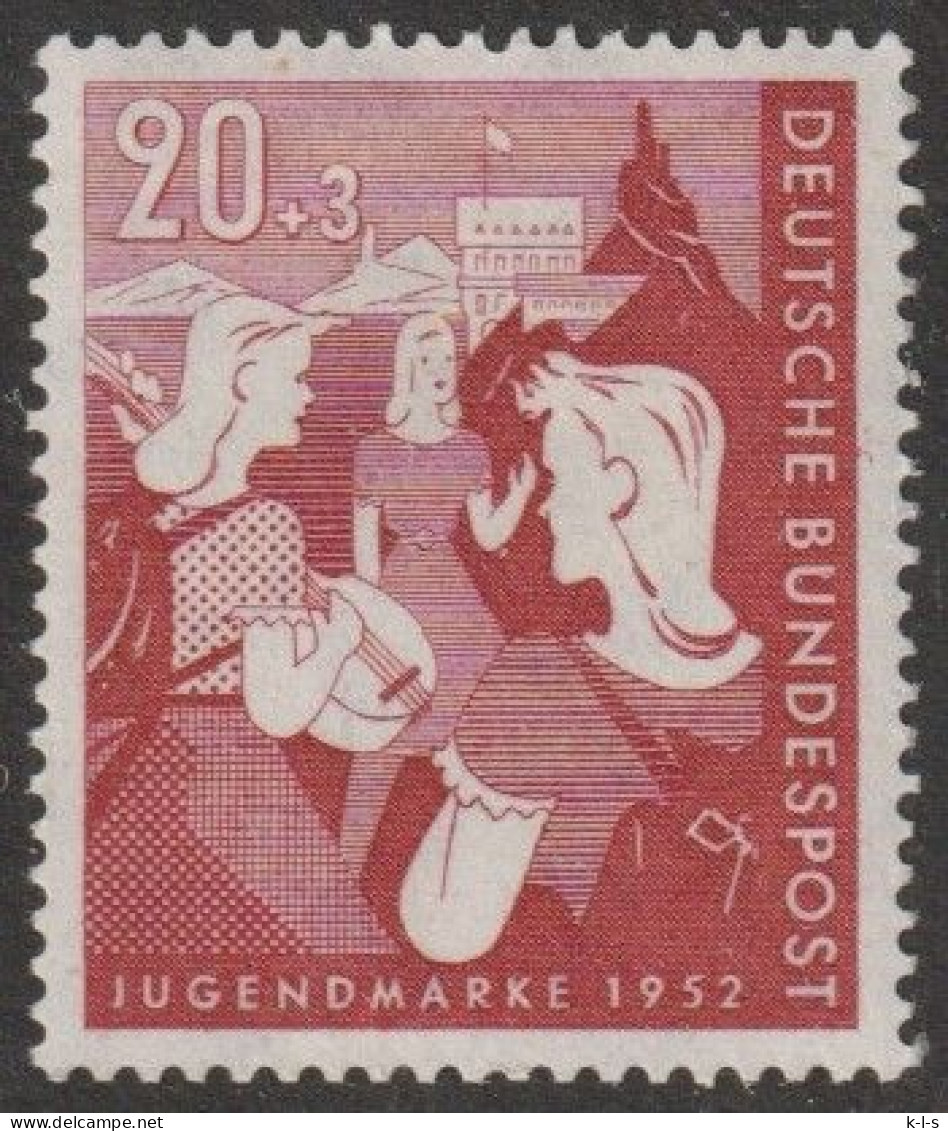 BRD: 1952, Mi. Nr. 154, Jugend: Zweiter Bundesjugendplan, 20+3 Pfg. Wandernde Mädchen, Jugendherberge.  **/MNH - Unused Stamps