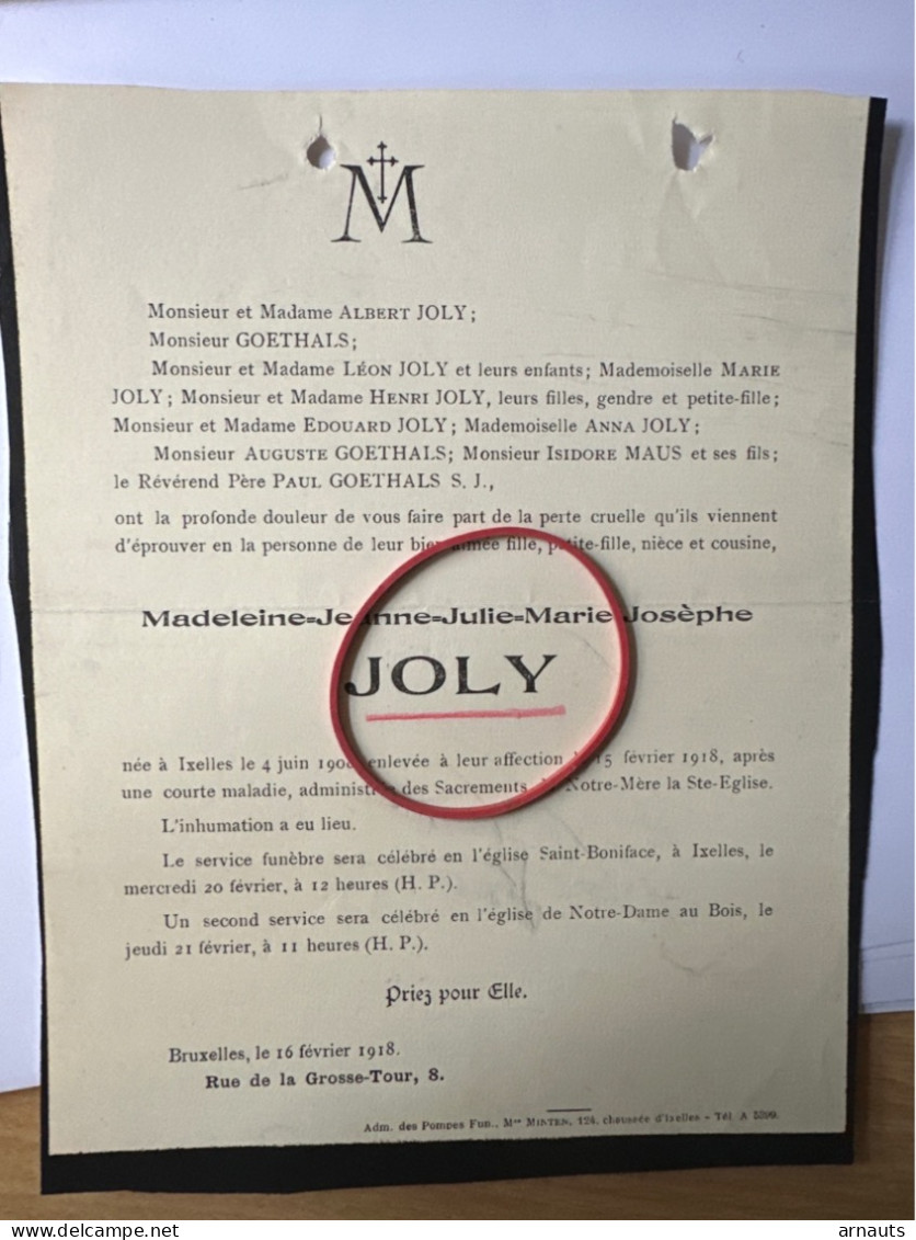 Bieb-Aimée Fille Madeleine Joly *1908 Ixelles +1918 Bruxelles Notre Dame Au Bois Goethals Maus - Obituary Notices