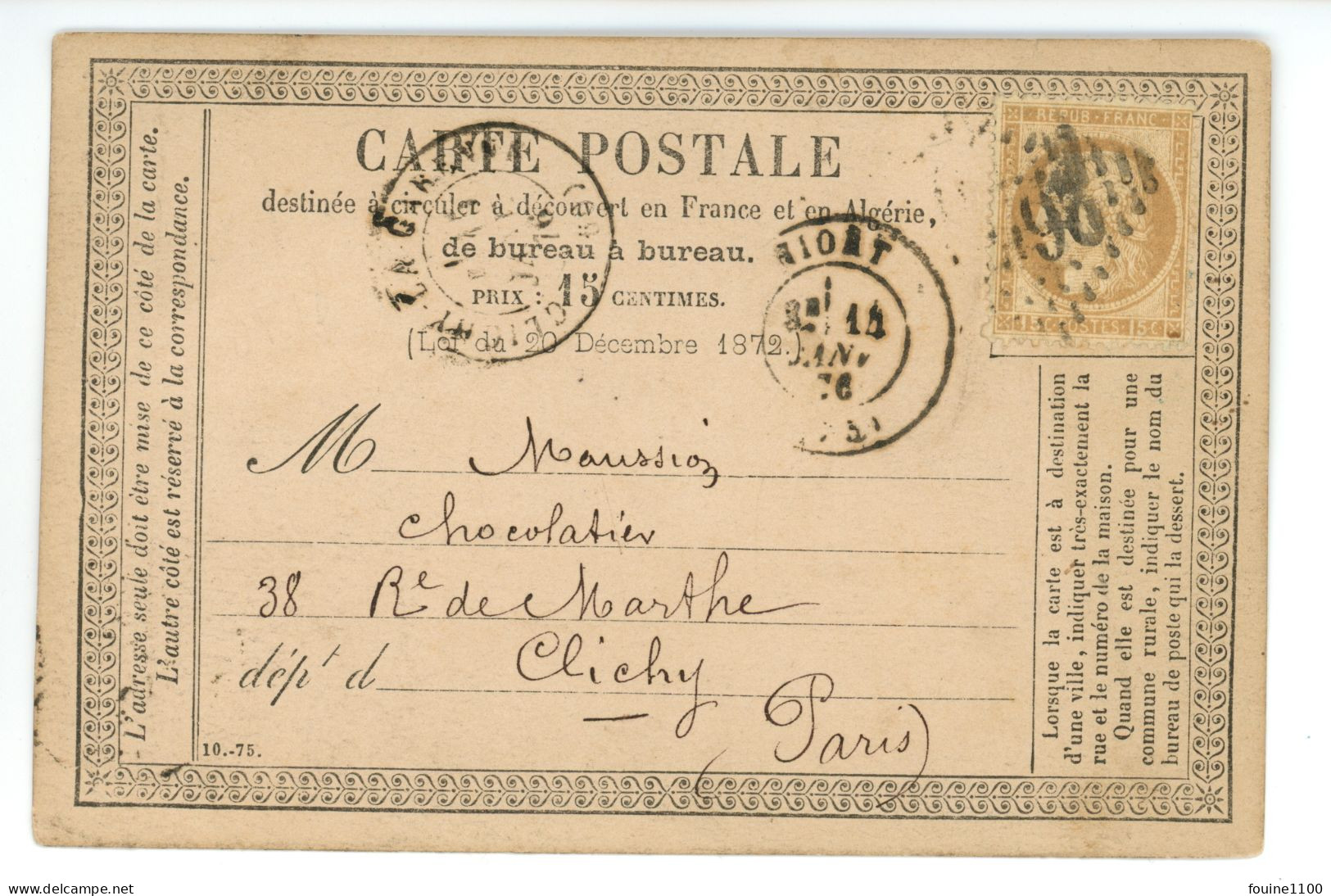 CARTE PRECURSEUR Envoyé Au Chocolatier MAUSSION 38 Rue De Martre à CLICHY ( Cachet De Départ NIORT ? ) - 1849-1876: Periodo Clásico