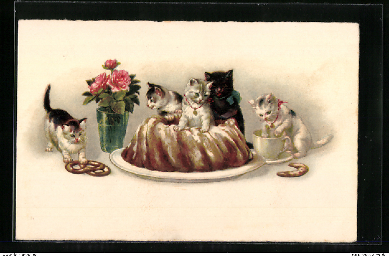 Lithographie Katzenwelpen Auf Einem Kuchen  - Chats