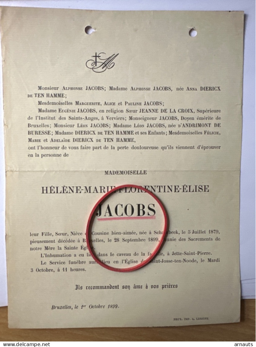 Helene Jacobs *1879 Schaarbeek +1899 Bruxelles Jette St Pierre Saint Josse Ten Noode Diericx De Ten Hamme D’Andrimont De - Todesanzeige