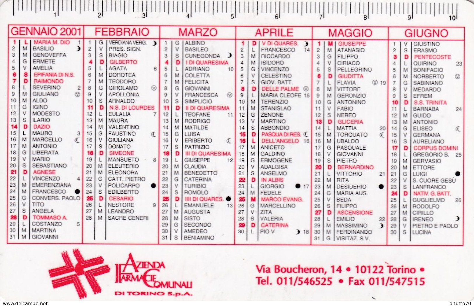 Calendarietto - Azienda Farmacie Comunali Di Torino - Anno 2001 - Petit Format : 1991-00