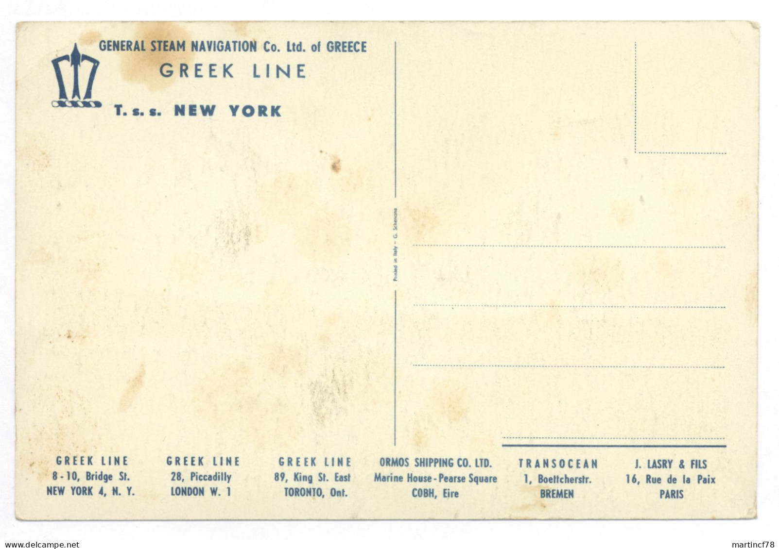 Greek Line T. S. S. New York General Steam Navigation Co. Ltd. Of Greece - Piroscafi