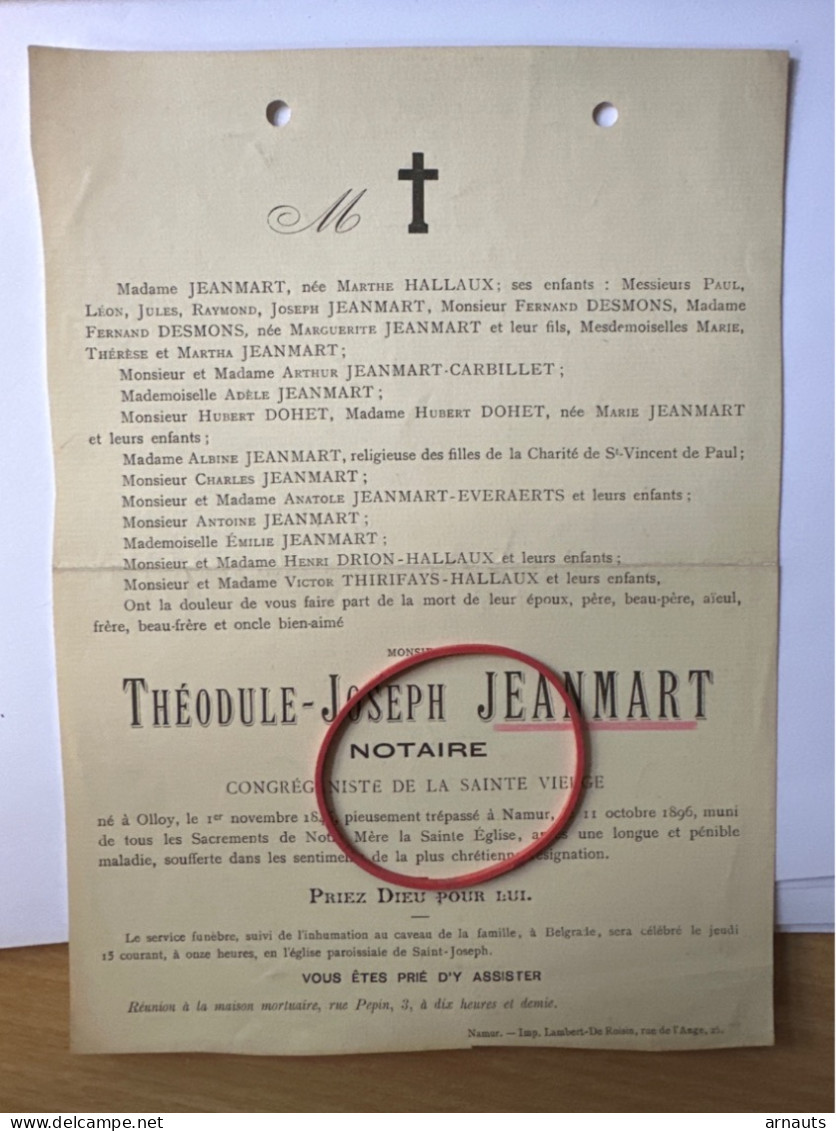 Monsieur Theodule Jeanmart Notaire *1845 Olloy +1896 Namur Belgrade Hallaux Carbillet Dohet Everaerts Drion Thirifays - Obituary Notices