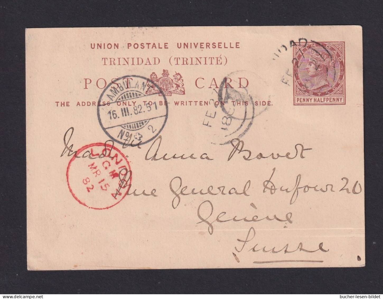 1882 - 1 1/2 P. Trinidad-Ganzsache Ab Trinidad Nach Geneve  - Trinidad Y Tobago