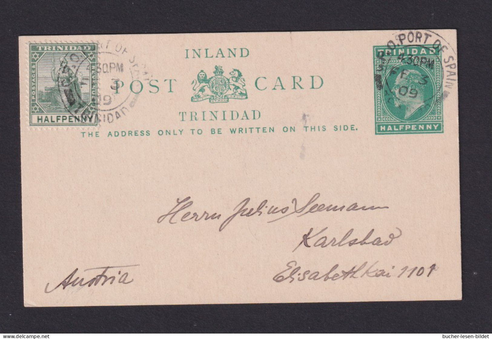 1909 - 1/2 P. Ganzsache Mit Zufrankatur Ab Port-of-Spain Nach Karlsbad - Trindad & Tobago (...-1961)