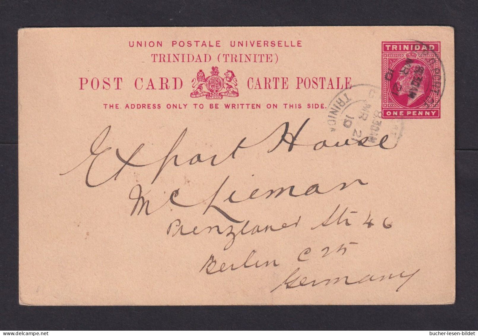 1910 - 1 P. Ganzsache (P 10) Ab Port-of-Spain Nach Berlin - Trindad & Tobago (...-1961)