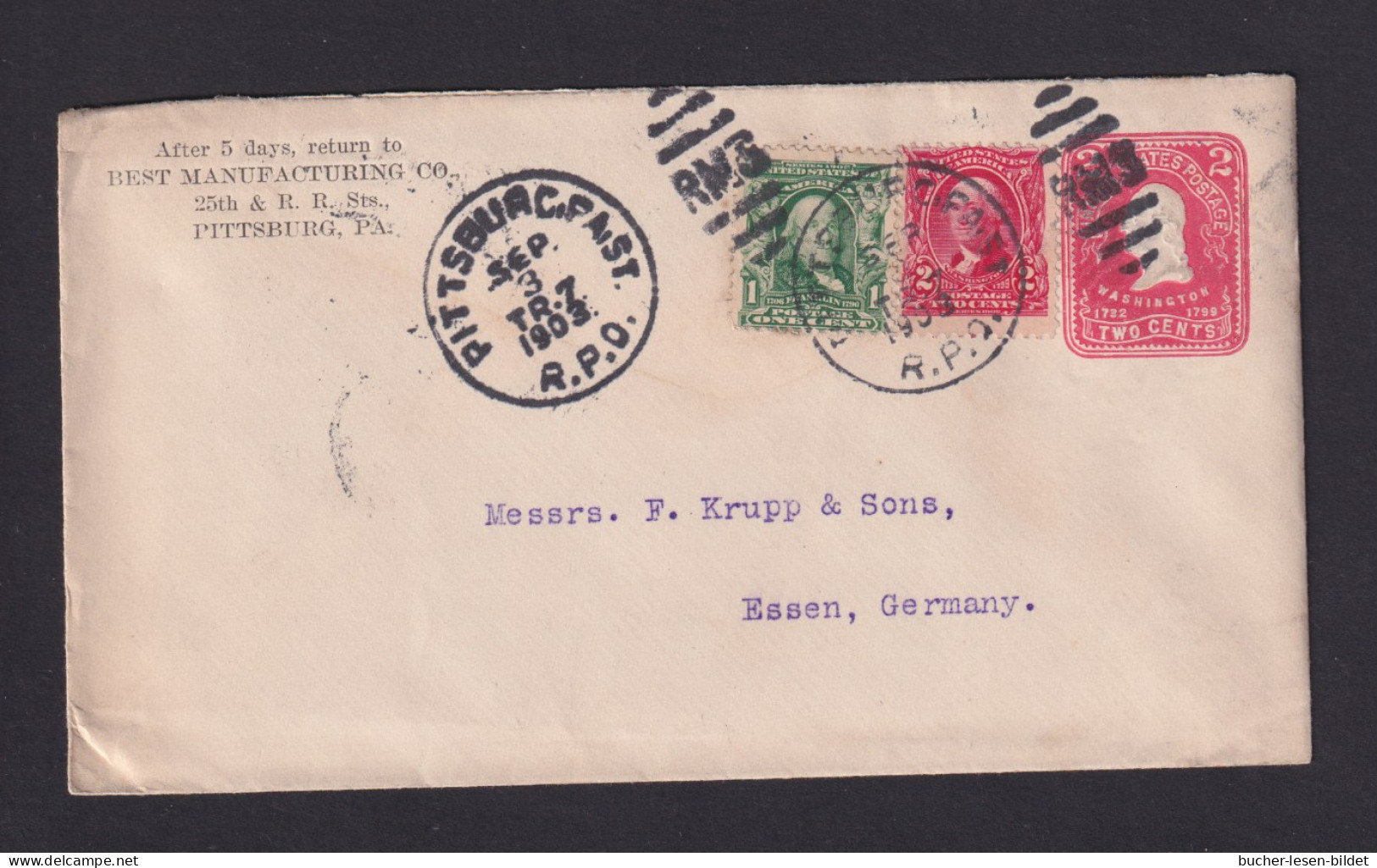 1903 - 3 C. Ganzsache Mit Zufrankatur Ab Pittsburg/R.P.O. Nach Essen - Storia Postale