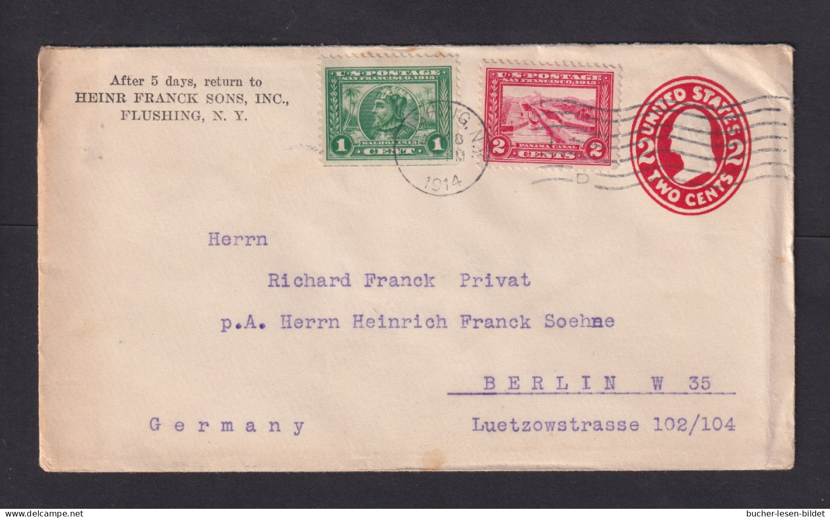 1914 - 1 Und 2 C. Auf 2 C. Ganzsache Ab Flushing Nach Berlin - Lettres & Documents