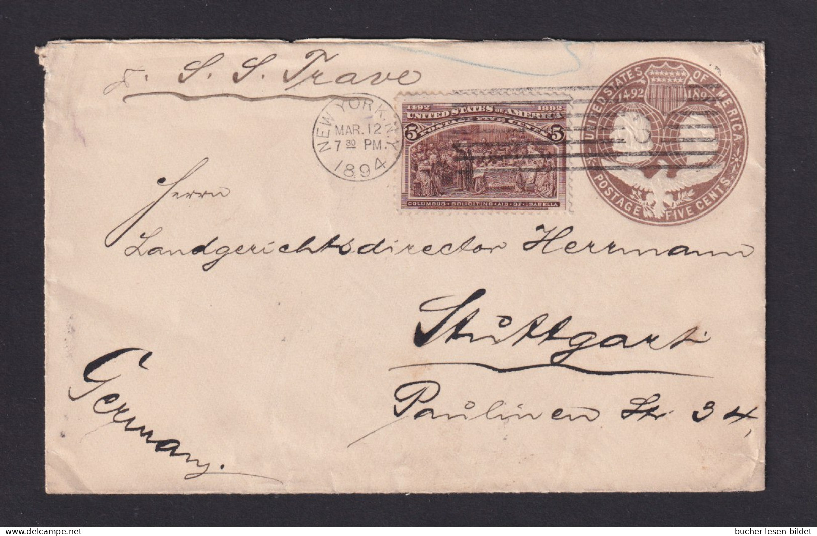 1894 - 5 C. Columbus Auf 5 C. Columbus Ganzsache Ab New York Nach Stuttgart - Briefe U. Dokumente