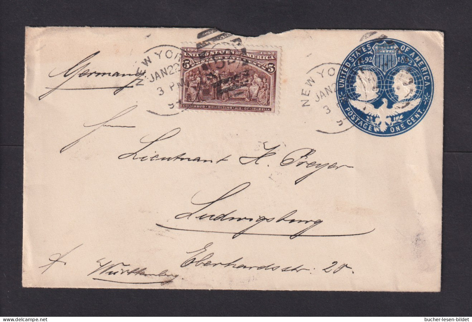 1894 - 1 C. Columbus Ganzsache Mit 5 C. Columbus Zufrankiert Ab New York Nach Ludwigsburg - Storia Postale